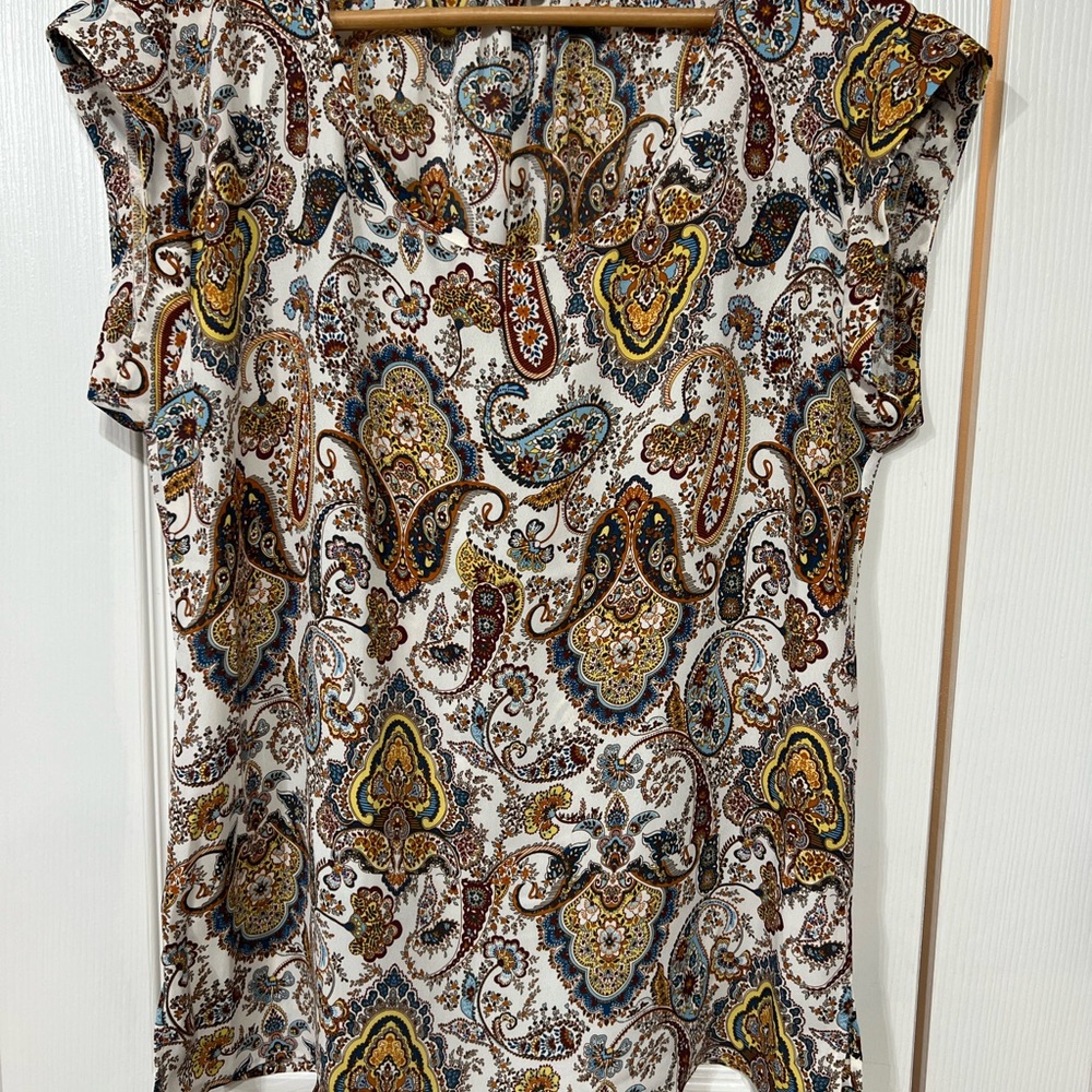 DR2 Paisley Wm L Cap Short-Sleeve Top in Cream, Brown, Blue, and Gold